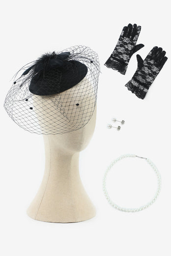 1920er Jahre Kopfstück Ohrringe Halskette und Handschuhe Vier Stück Zubehör Sets