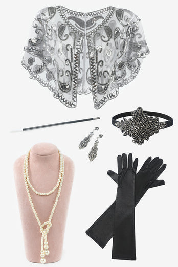 Sieben Stück Halskette Handschuhe 1920er Jahre Party Accessoires Set