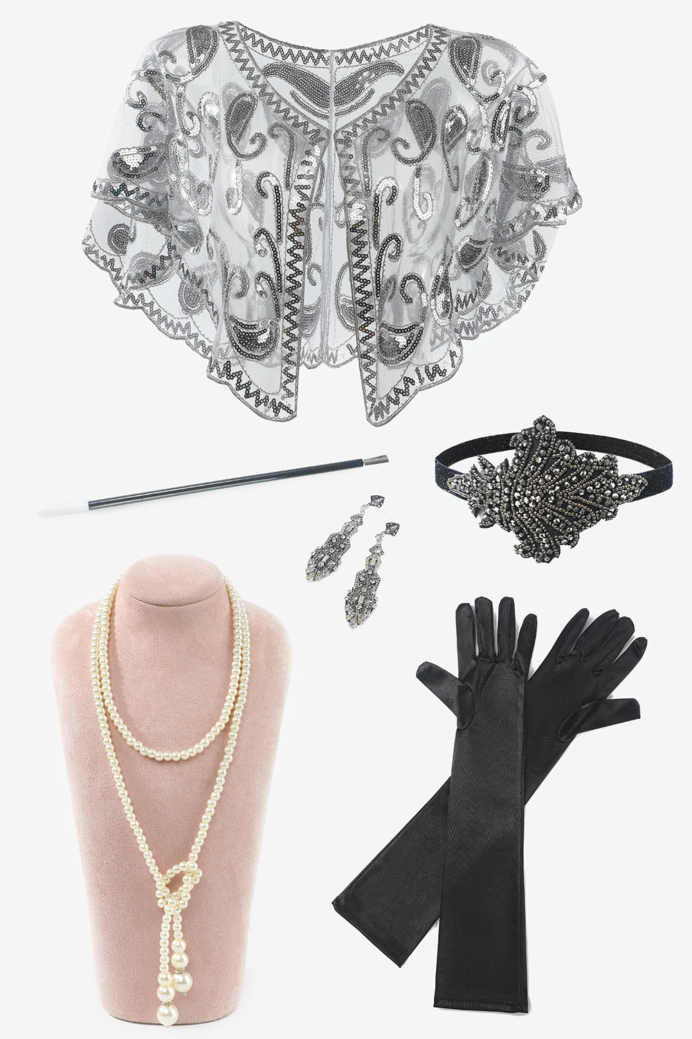 Zapaka Frauen Sieben Stück Halskette Handschuhe 1920er Jahre Party Accessoires Set – ZAPAKA DE
