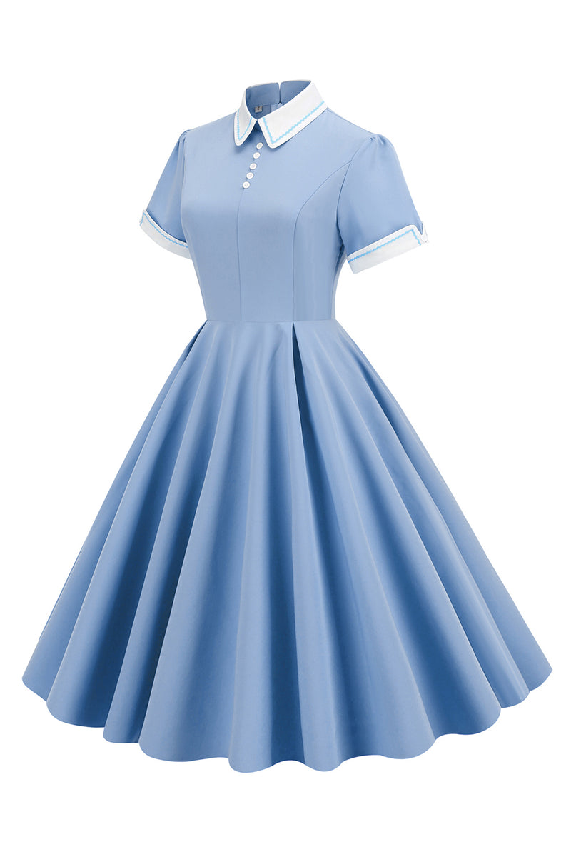 Laden Sie das Bild in den Galerie-Viewer, Hellblaues Vintage Kleid aus den 1950er Jahren mit Ärmeln
