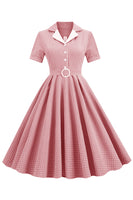 Laden Sie das Bild in den Galerie-Viewer, Blush Plaid Swing 1950er Jahre Kleid mit kurzen Ärmeln
