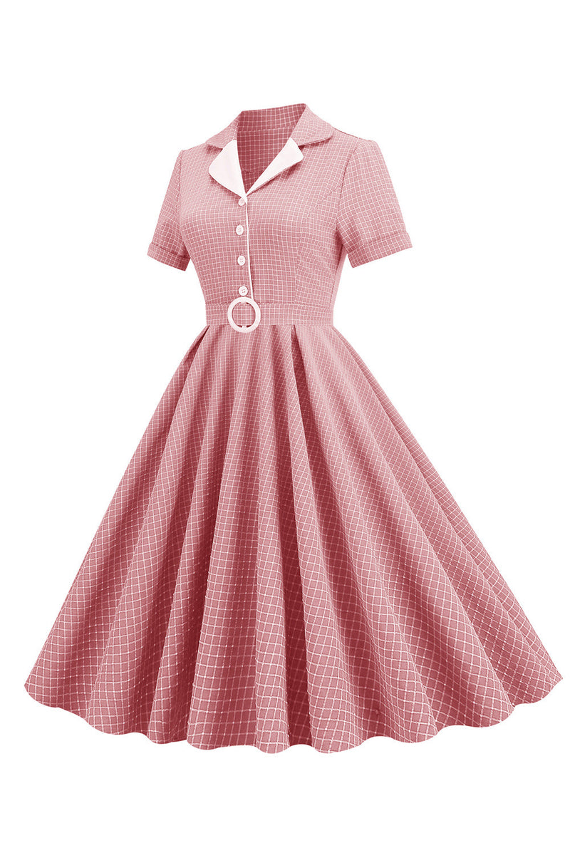 Laden Sie das Bild in den Galerie-Viewer, Blush Plaid Swing 1950er Jahre Kleid mit kurzen Ärmeln
