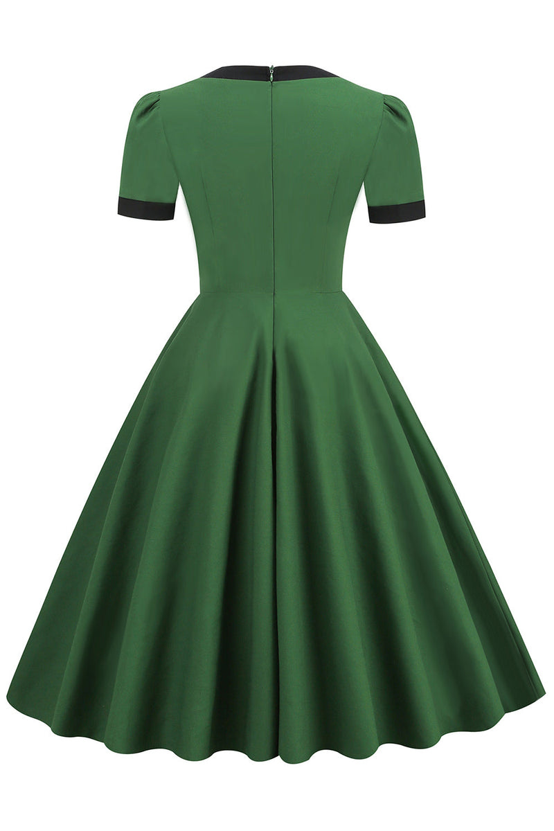 Laden Sie das Bild in den Galerie-Viewer, Dunkelgrünes Swing 1950er Jahre Kleid mit Schleife