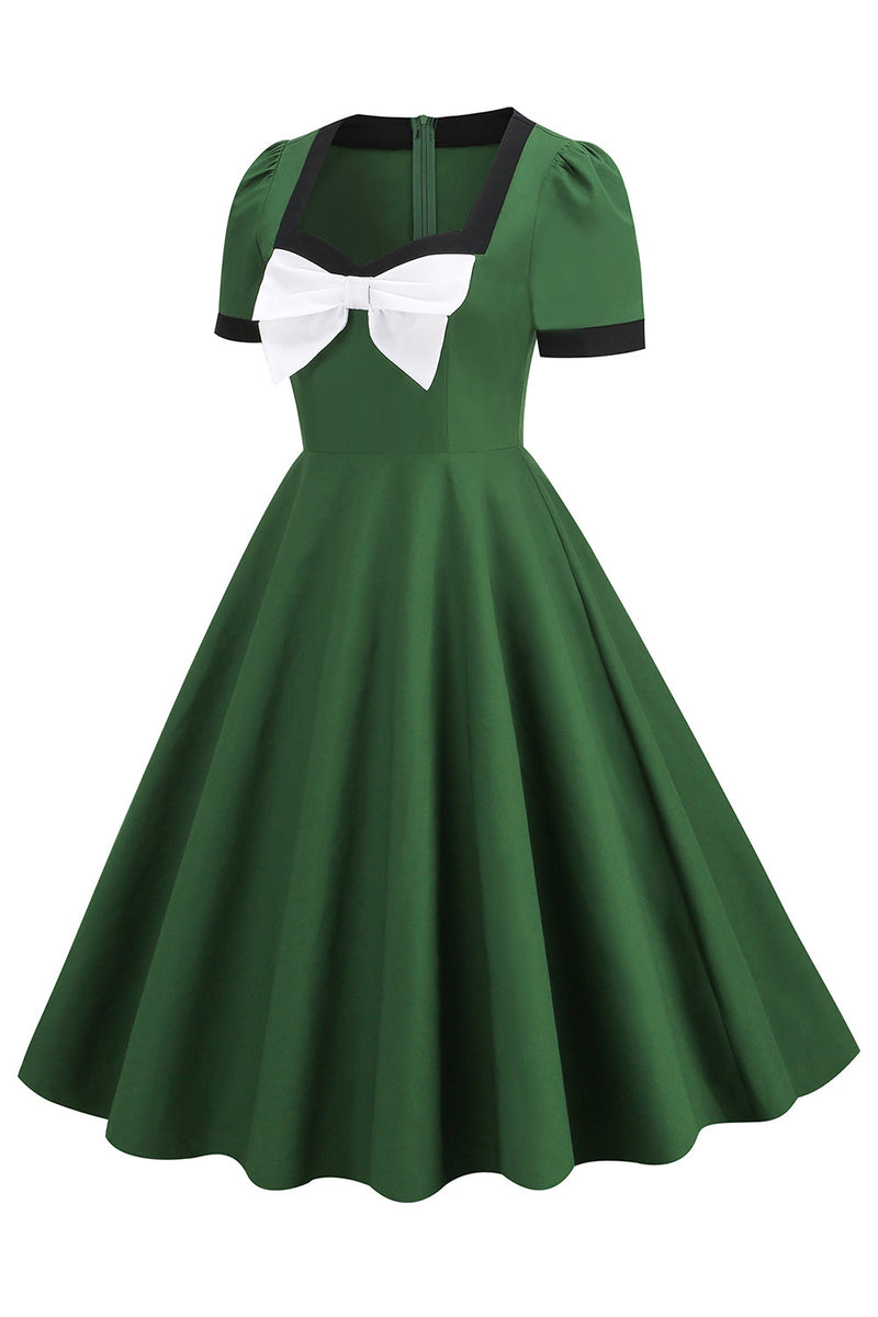 Laden Sie das Bild in den Galerie-Viewer, Dunkelgrünes Swing 1950er Jahre Kleid mit Schleife