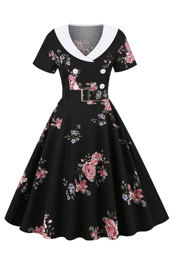 Schwarzes Vintage Kleid mit Blumen bedruckung und Gürtel