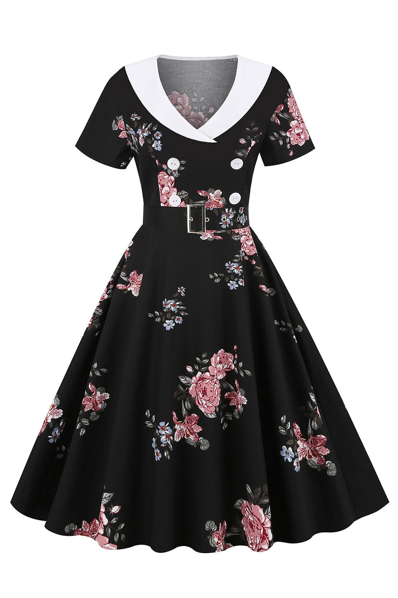 Laden Sie das Bild in den Galerie-Viewer, Schwarzes Vintage Kleid mit Blumen bedruckung und Gürtel