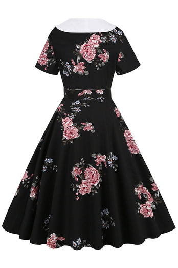 Schwarzes Vintage Kleid mit Blumen bedruckung und Gürtel