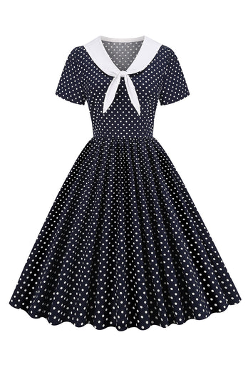 Schwarz-Weiß Polka Dots Vintage 1950er Jahre Kleid mit Bowknot