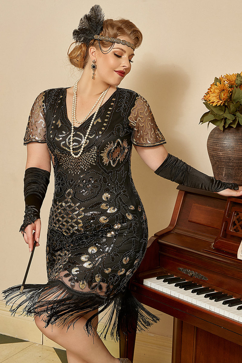 Laden Sie das Bild in den Galerie-Viewer, Schwarzes goldenes Perlen pailletten 1920er Jahre Übergröße Kleid