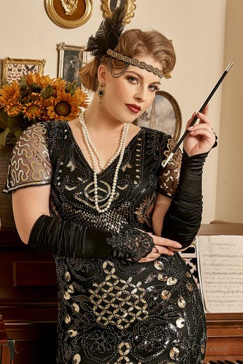 Schwarzes goldenes Perlen pailletten 1920er Jahre Übergröße Kleid