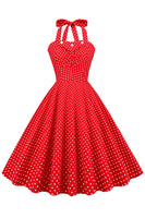 Laden Sie das Bild in den Galerie-Viewer, Retro Style Neckholder Rotes Polka Dots 1950er Kleid
