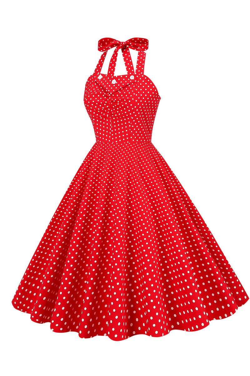 Laden Sie das Bild in den Galerie-Viewer, Retro Style Neckholder Rotes Polka Dots 1950er Kleid