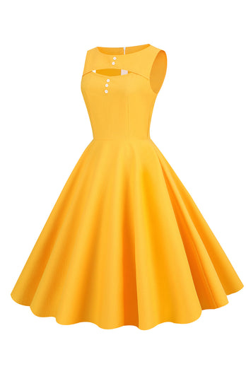 Gelbes Kleid im Retro-Stil aus den 1950er Jahren mit Schlüsselloch