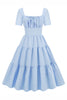 Laden Sie das Bild in den Galerie-Viewer, Hellblaues Polka Dots Swing 1950er Jahre Kleid