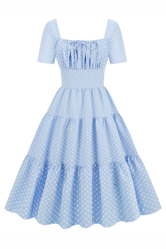 Hellblaues Polka Dots Swing 1950er Jahre Kleid