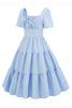 Laden Sie das Bild in den Galerie-Viewer, Hellblaues Polka Dots Swing 1950er Jahre Kleid
