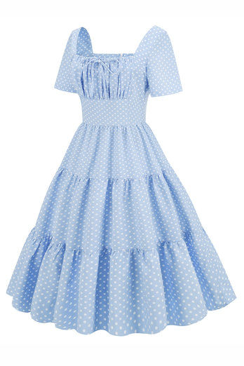 Hellblaues Polka Dots Swing 1950er Jahre Kleid
