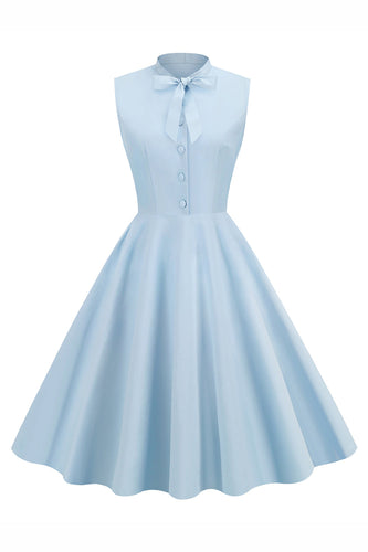 Hellblau Einfarbig A-linie Kleid aus den 1950er Jahren mit Knöpfen