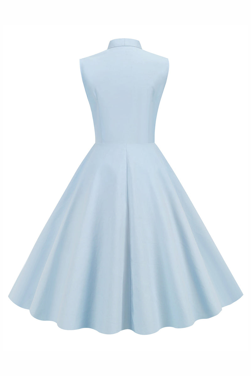 Laden Sie das Bild in den Galerie-Viewer, Hellblau Einfarbig A-linie Kleid aus den 1950er Jahren mit Knöpfen