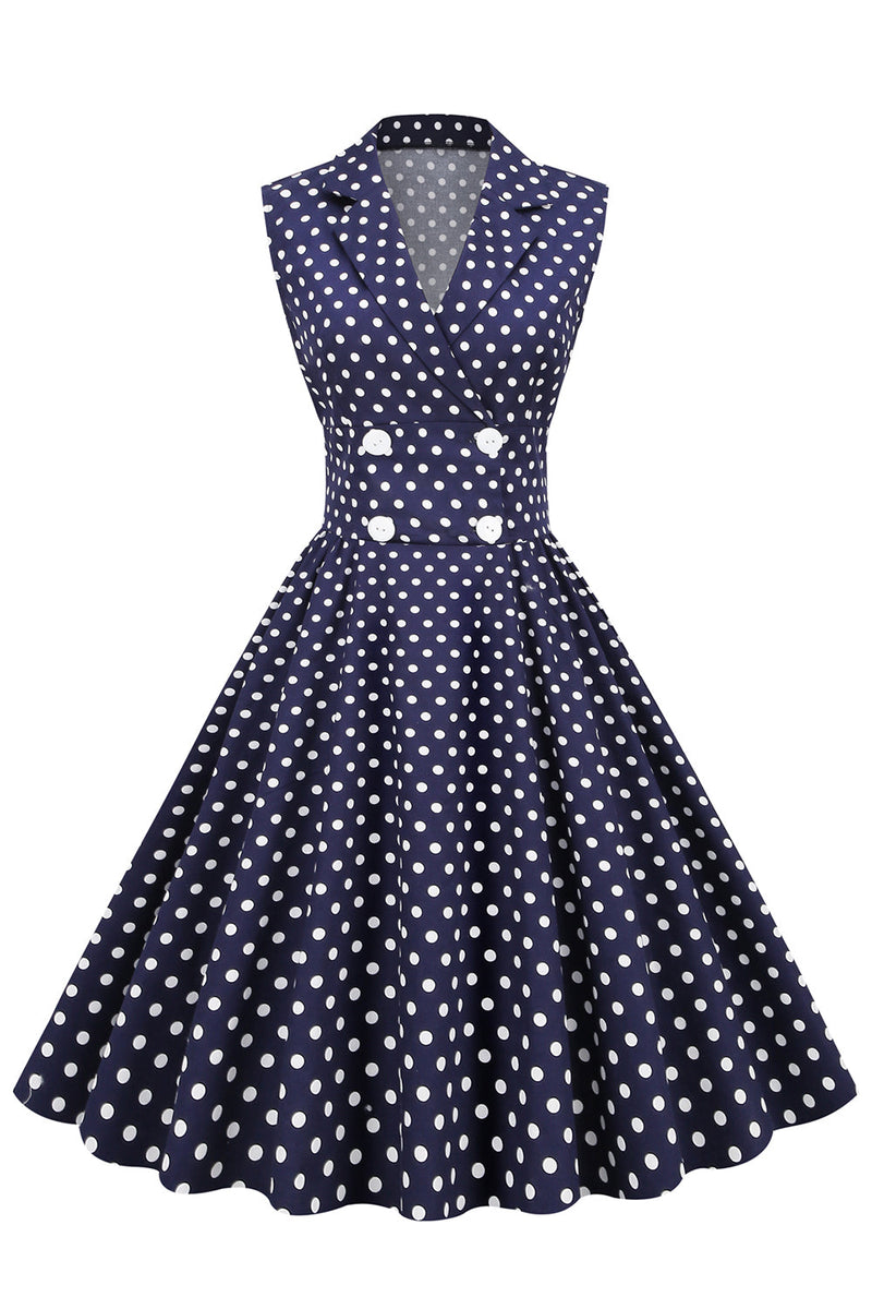 Laden Sie das Bild in den Galerie-Viewer, Marine V-Ausschnitt Polka Dots 1950er Jahre Swing Kleid
