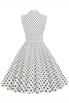 Weißes Polka Dots Revers Ausschnitt 1950er Jahre Kleid