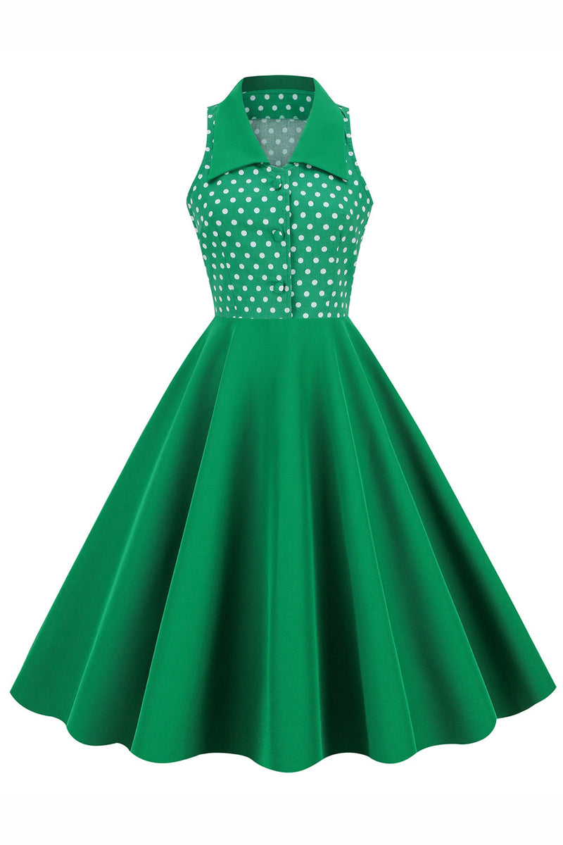 Laden Sie das Bild in den Galerie-Viewer, Grüner Ansteckkragen Polka Dots Swing 1950er Jahre Kleid