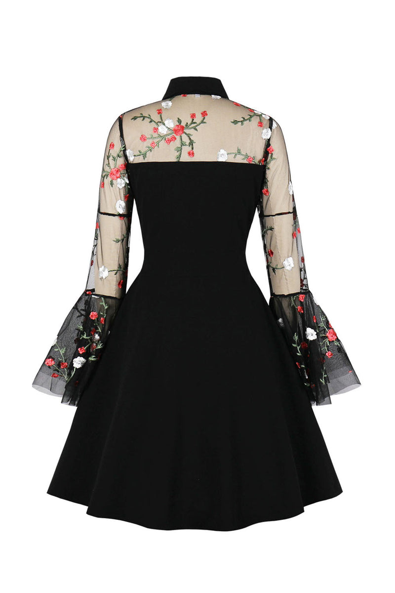 Laden Sie das Bild in den Galerie-Viewer, Schwarzes Langarm Halloween Kleid mit Stickerei