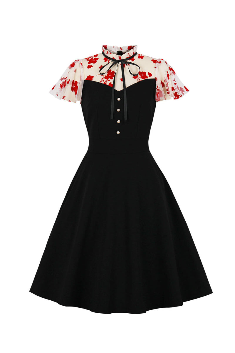 Laden Sie das Bild in den Galerie-Viewer, Schwarz bedrucktes Vintage Swing Kleid aus den 1950er Jahren