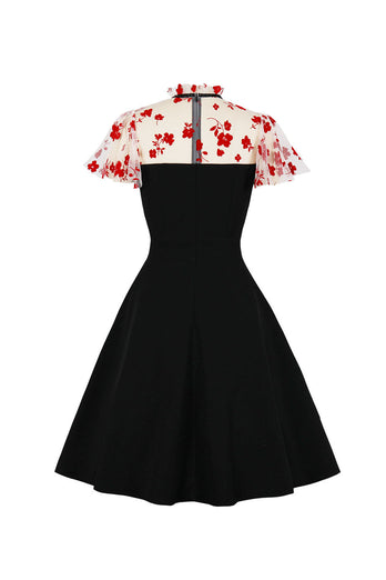 Schwarz bedrucktes Vintage Swing Kleid aus den 1950er Jahren