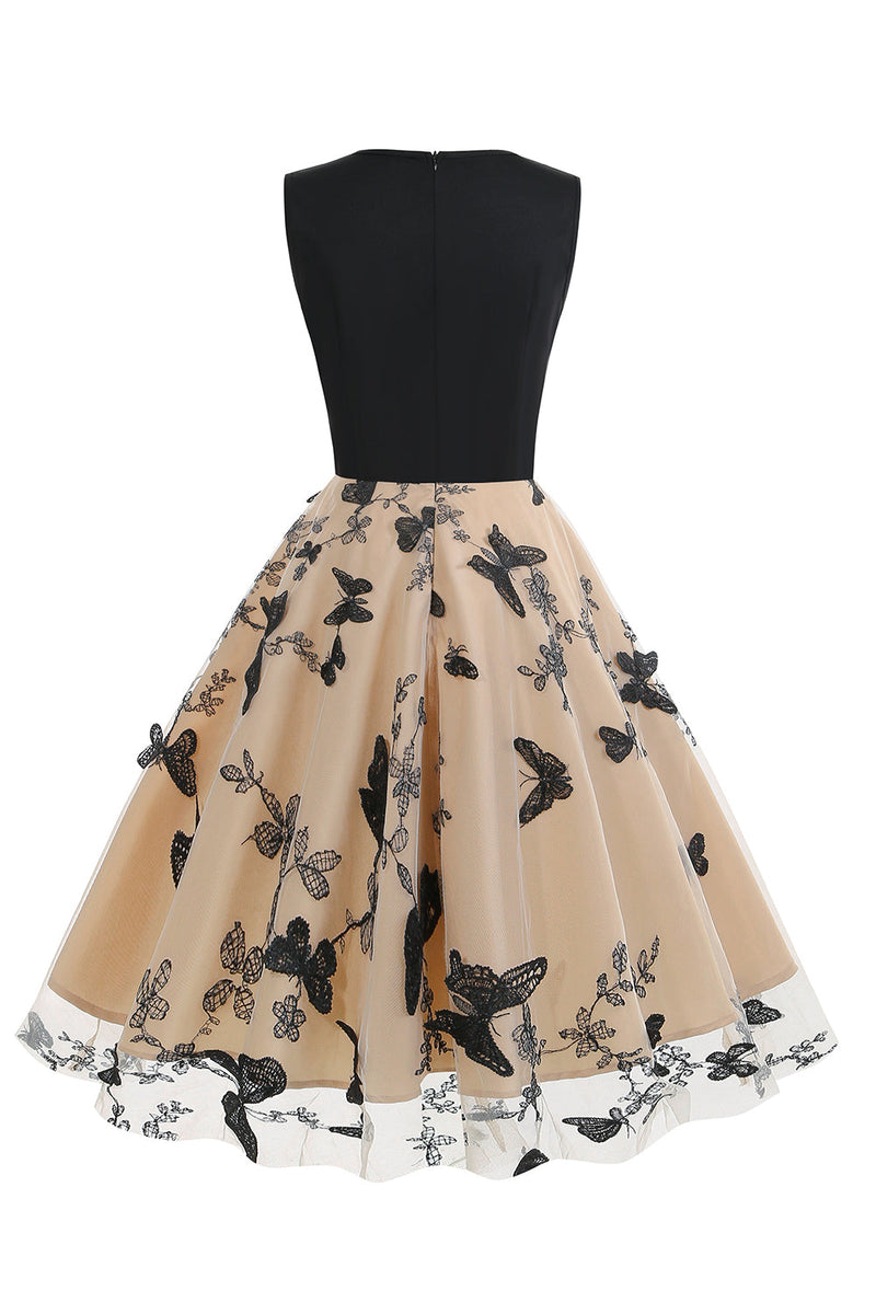 Laden Sie das Bild in den Galerie-Viewer, Schwarzes V-Ausschnitt Vintage Kleid aus den 1950er Jahren mit Applikationen