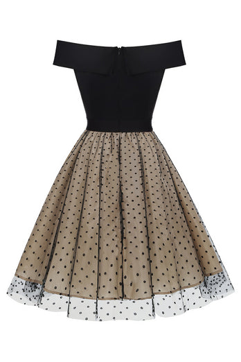 Schwarz Schulterfreies Polka Dots 1950er Jahre Kleid