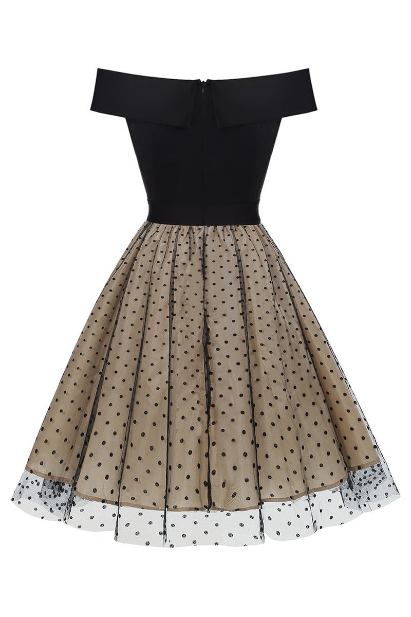 Laden Sie das Bild in den Galerie-Viewer, Schwarz Schulterfreies Polka Dots 1950er Jahre Kleid