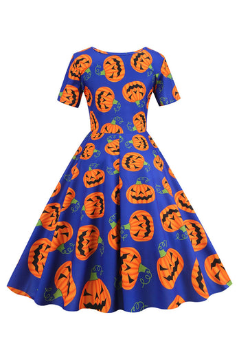 Halloween Kurzarm Rundhalsausschnitt Vintage Drucken Kleid