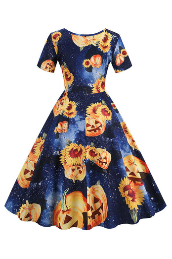 Halloween Kurzarm Rundhalsausschnitt Vintage Drucken Kleid