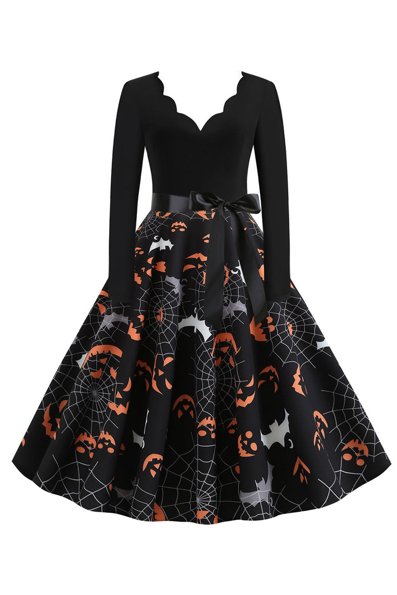 Laden Sie das Bild in den Galerie-Viewer, V Ausschnitt Schwarzes Halloween Vintage Kleid mit langen Ärmeln