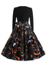 Laden Sie das Bild in den Galerie-Viewer, V Ausschnitt Schwarzes Halloween Vintage Kleid mit langen Ärmeln