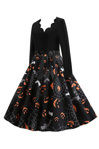 V Ausschnitt Schwarzes Halloween Vintage Kleid mit langen Ärmeln
