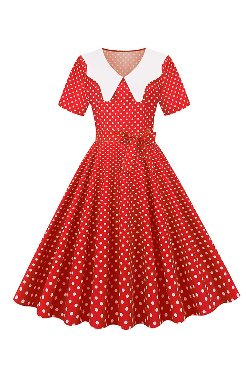 Laden Sie das Bild in den Galerie-Viewer, Hepburn Roter Punktdruck Vintage Kleid mit Gürtel