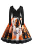 Laden Sie das Bild in den Galerie-Viewer, V-Ausschnitt bedrucktes Halloween Kleid mit Gürtel