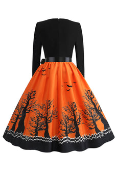 V-Ausschnitt bedrucktes Halloween Kleid mit Gürtel