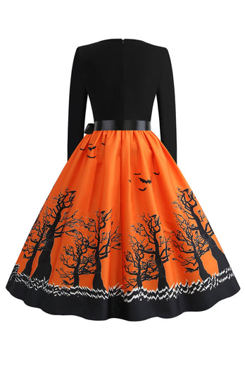V-Ausschnitt bedrucktes Halloween Kleid mit Gürtel