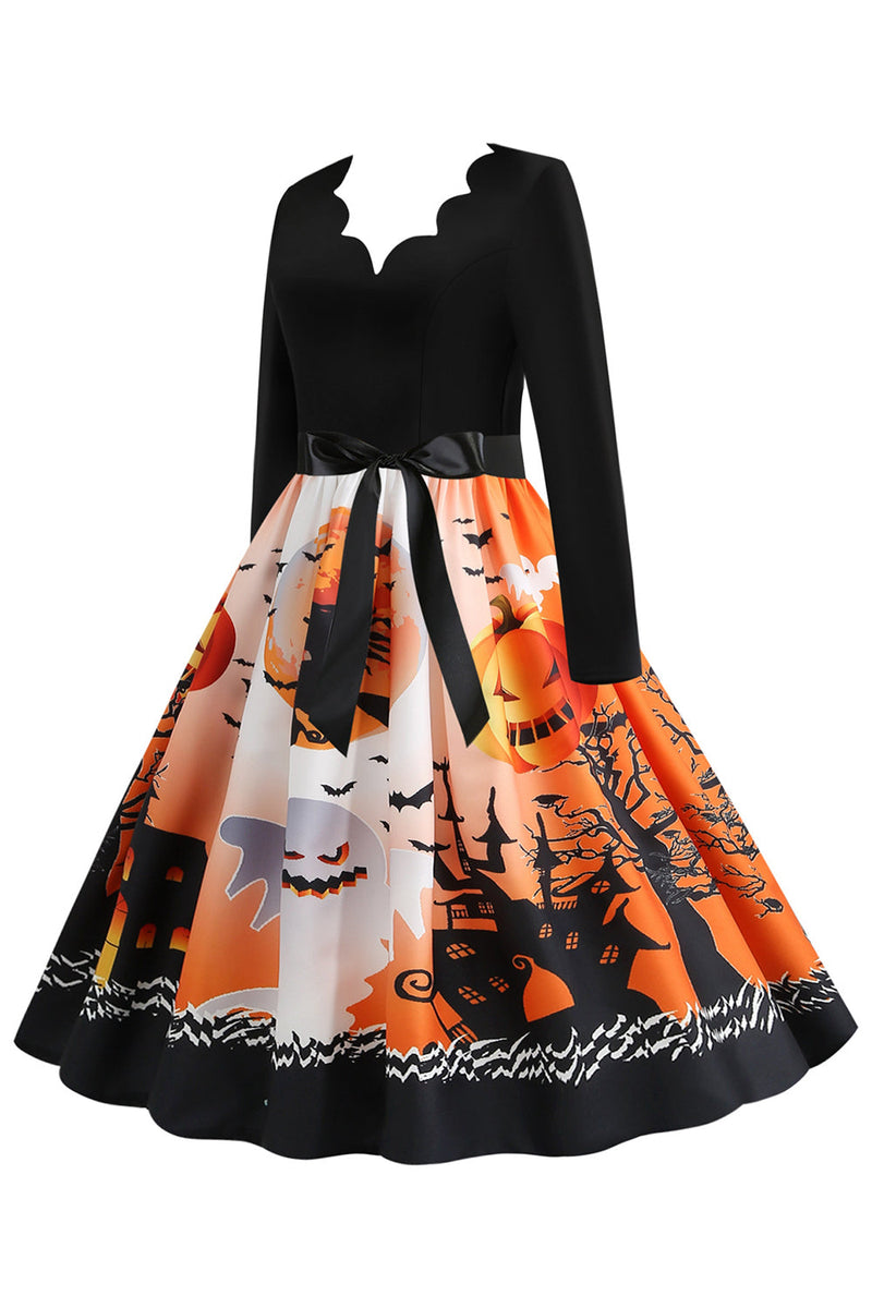Laden Sie das Bild in den Galerie-Viewer, V-Ausschnitt bedrucktes Halloween Kleid mit Gürtel