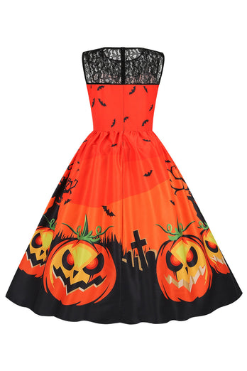 Vintage Rundhalsausschnitt Spitze Panel-Druck Halloween Kleid