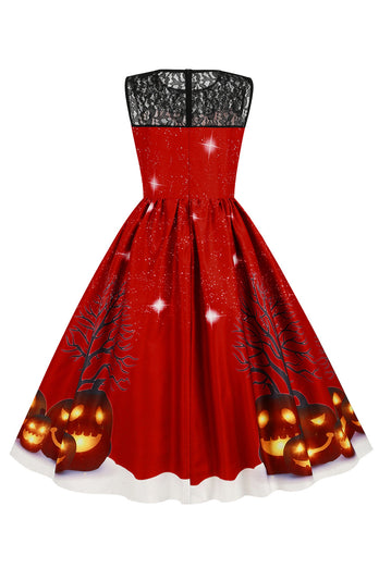 Vintage Rundhalsausschnitt Spitze Panel-Druck Halloween Kleid