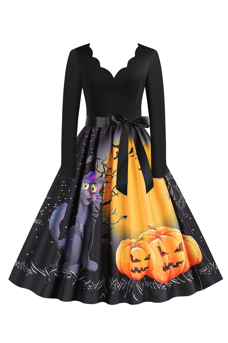 Laden Sie das Bild in den Galerie-Viewer, V-Ausschnitt Langarm Jack-o-Laterne Druck Halloween Retro Kleid