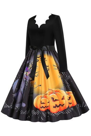 V-Ausschnitt Langarm Jack-o-Laterne Druck Halloween Retro Kleid