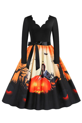 V-Ausschnitt Langarm Jack-o-Laterne Druck Halloween Retro Kleid