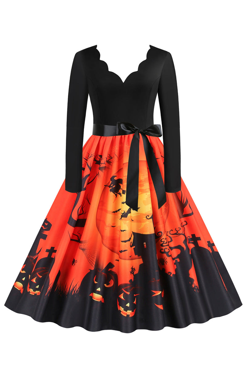 Laden Sie das Bild in den Galerie-Viewer, V-Ausschnitt Langarm Jack-o-Laterne Druck Halloween Retro Kleid