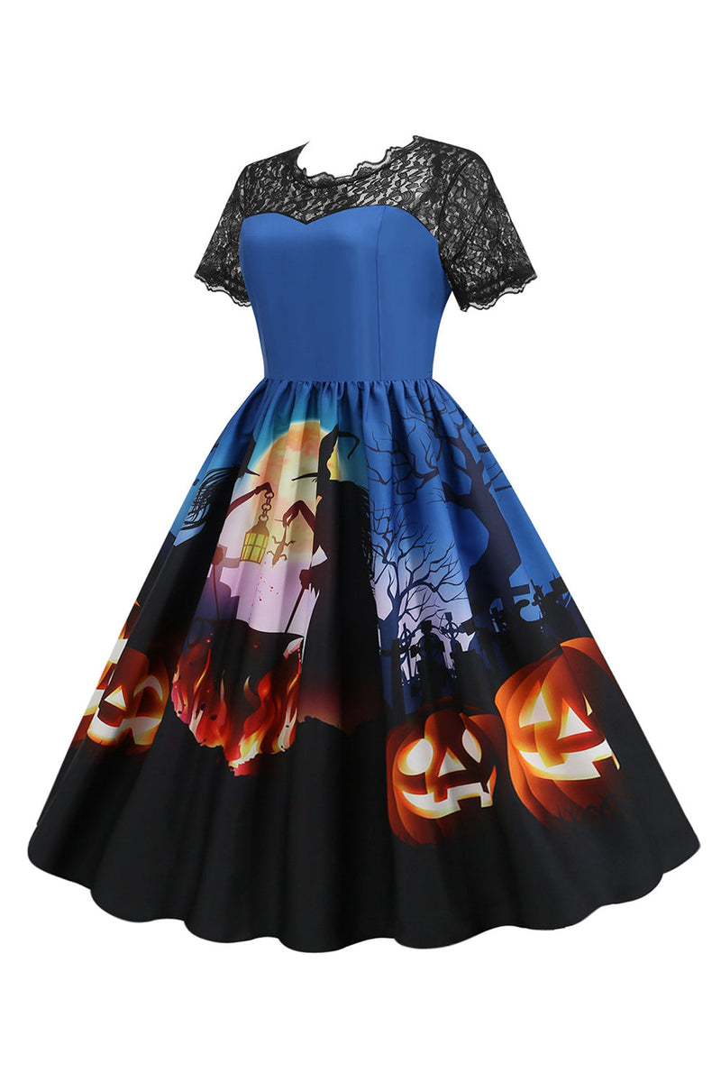 Laden Sie das Bild in den Galerie-Viewer, Spitze Kurzarm Druck Halloween Retro Kleid