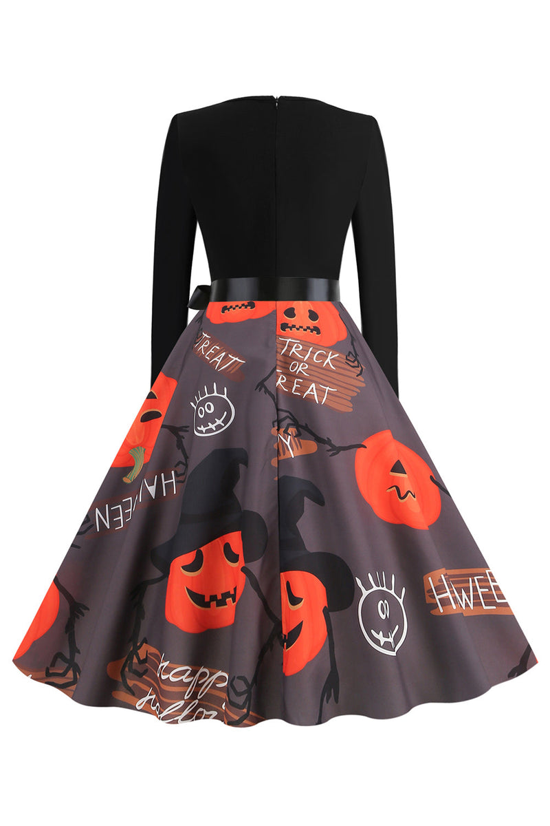 Laden Sie das Bild in den Galerie-Viewer, Gewelltes V-Ausschnitt Langarm Drucken Halloween Retro Kleid